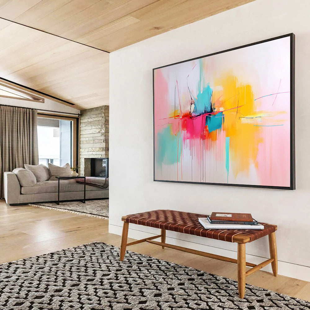 “Color Burst Center” - Pink, Yellow, Blue, Orange, Abstract Expressionist Painting On Canvas HB1062