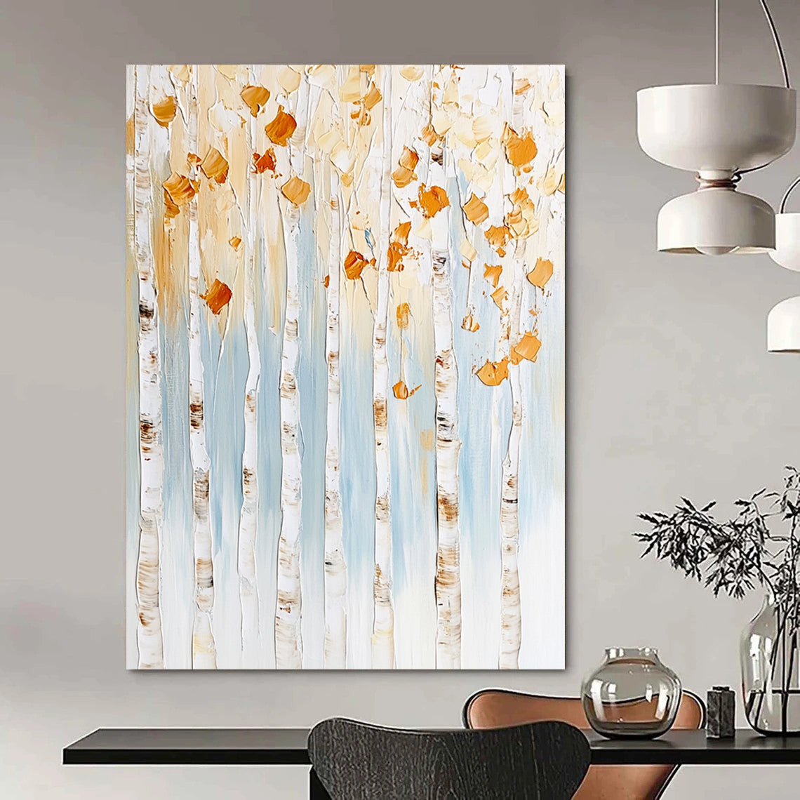 Contemporary abstract artwork featuring birch trees with gold and white leaves against a light blue background with textured brush strokes and floral accents. DLZ0976
