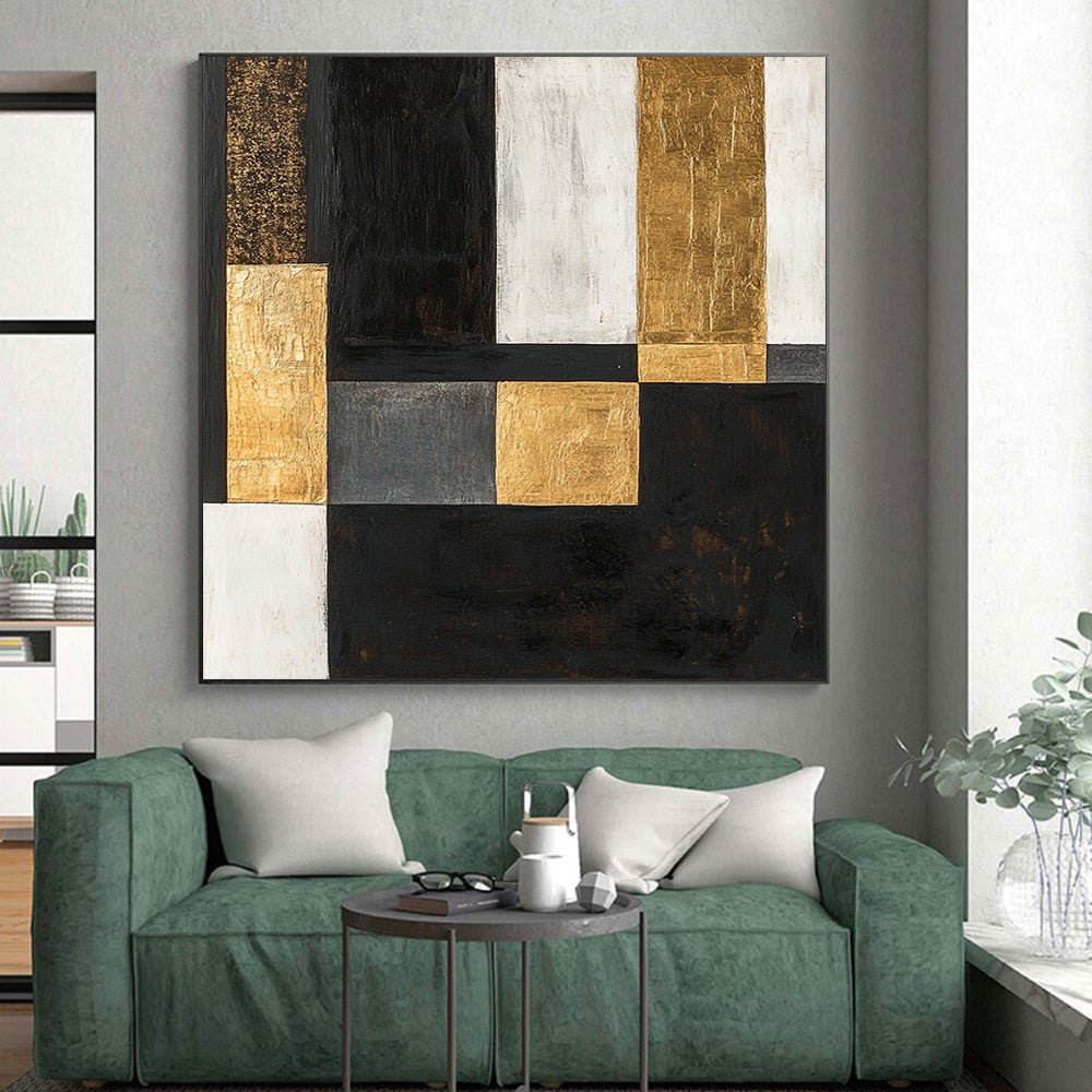 Black, White, Gold, Gray, Patchwork Squares "Urban Gilded Patchwork" Abstract Modernist Painting On Canvas HB156