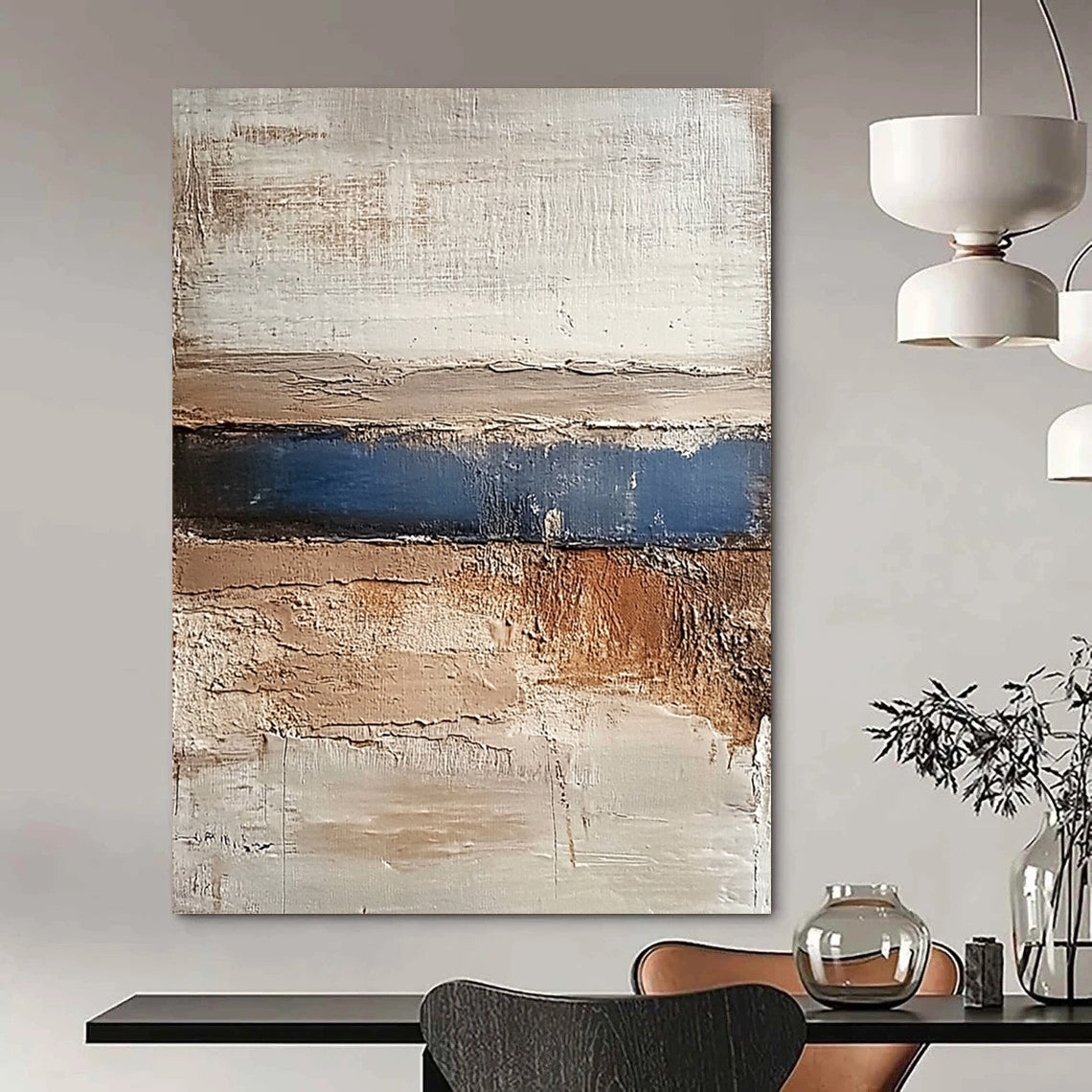 Contemporary abstract painting featuring earthy tones of beige brown grey and blue conveying calmness with a textured landscape of hills and water. DLZ1479