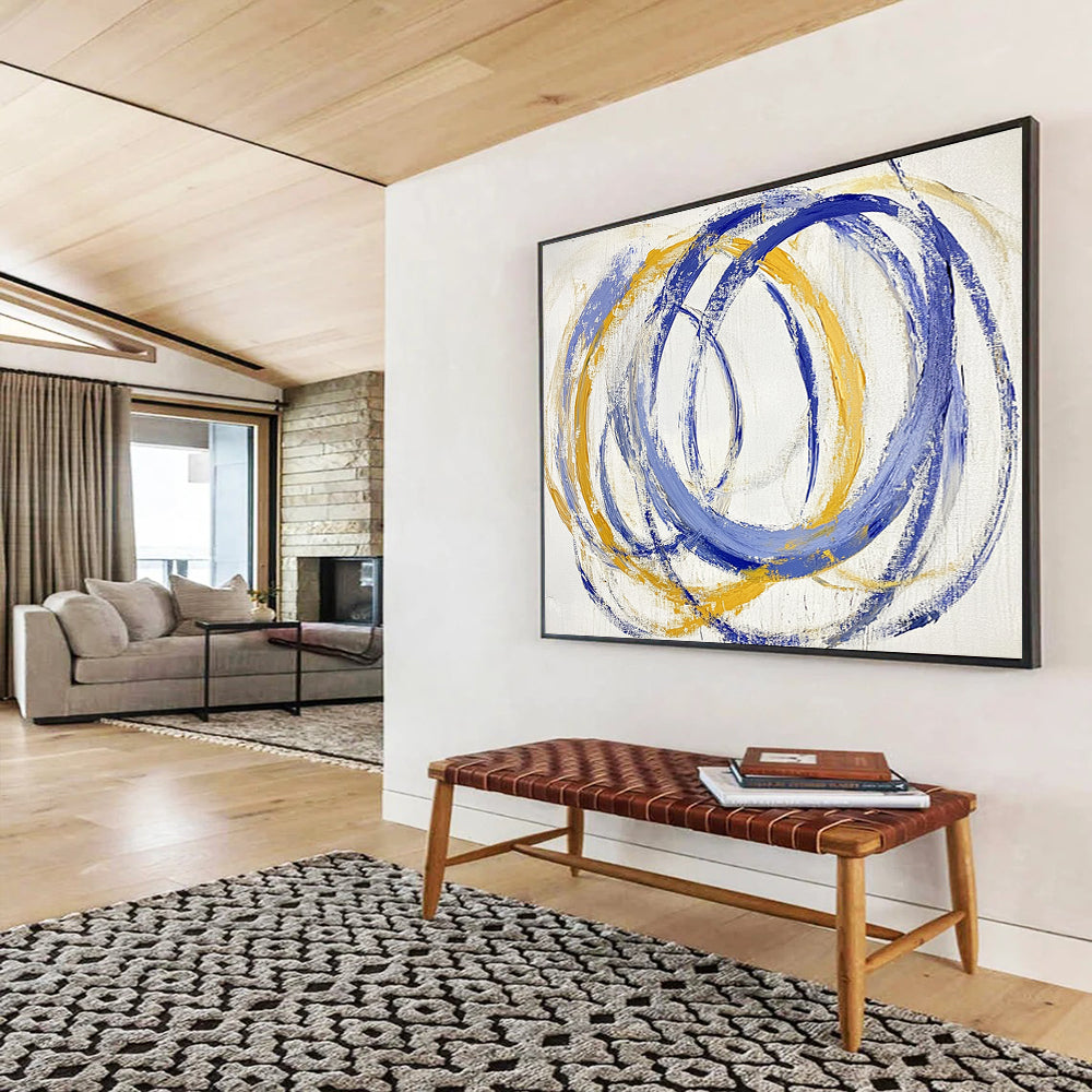 “Blue - Yellow Circular Rhythms” - Blue, Yellow, Circular Strokes Painting On Canvas HB0766