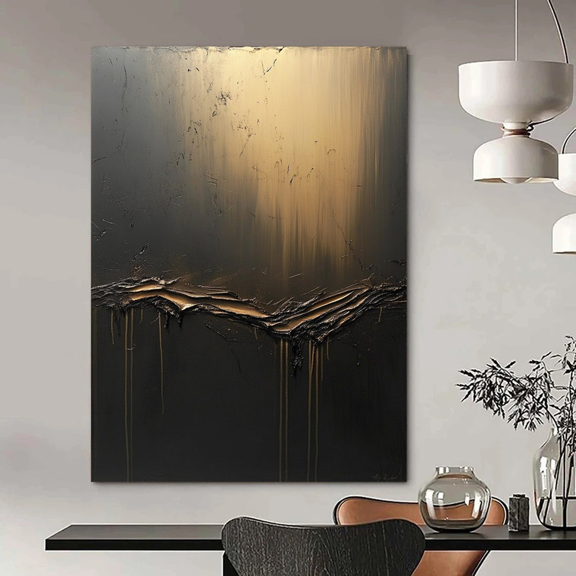 Large contemporary hand-painted abstract artwork features textured dark gray canvas with golden light and flowing black fluid, accented by ethereal shapes. DLZ0691