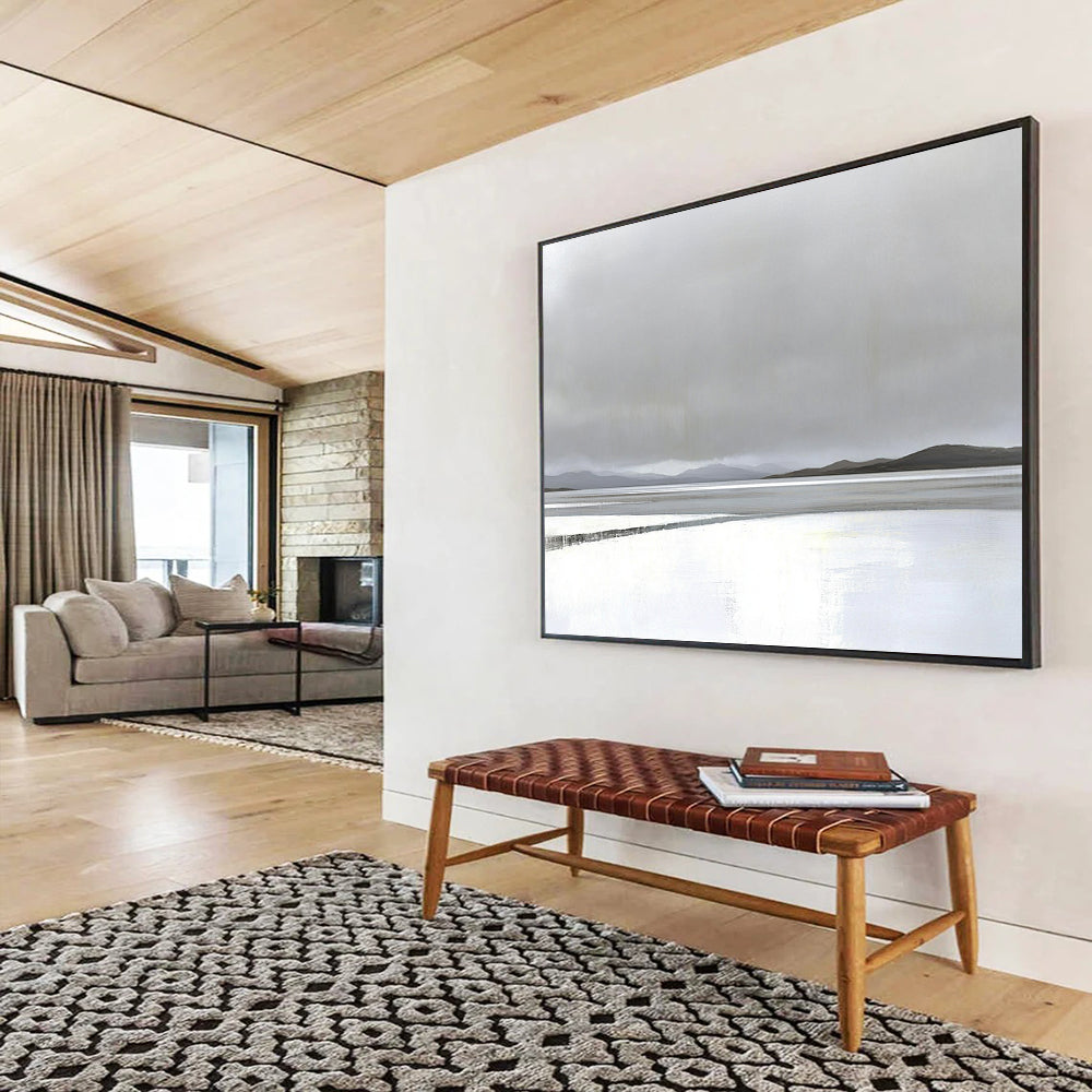 “Misty Lake Landscape” - Gray, white, blue, minimalist, Landscape Painting HB0624