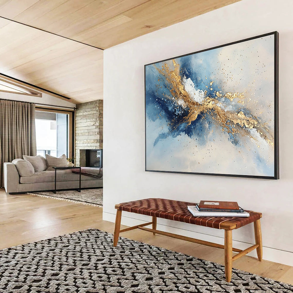 “Dynamic Gold - Blue - Gray Abstract Splash” - Gold, Blue, Gray, White, Energetic Splashes Painting On Canvas HB0824