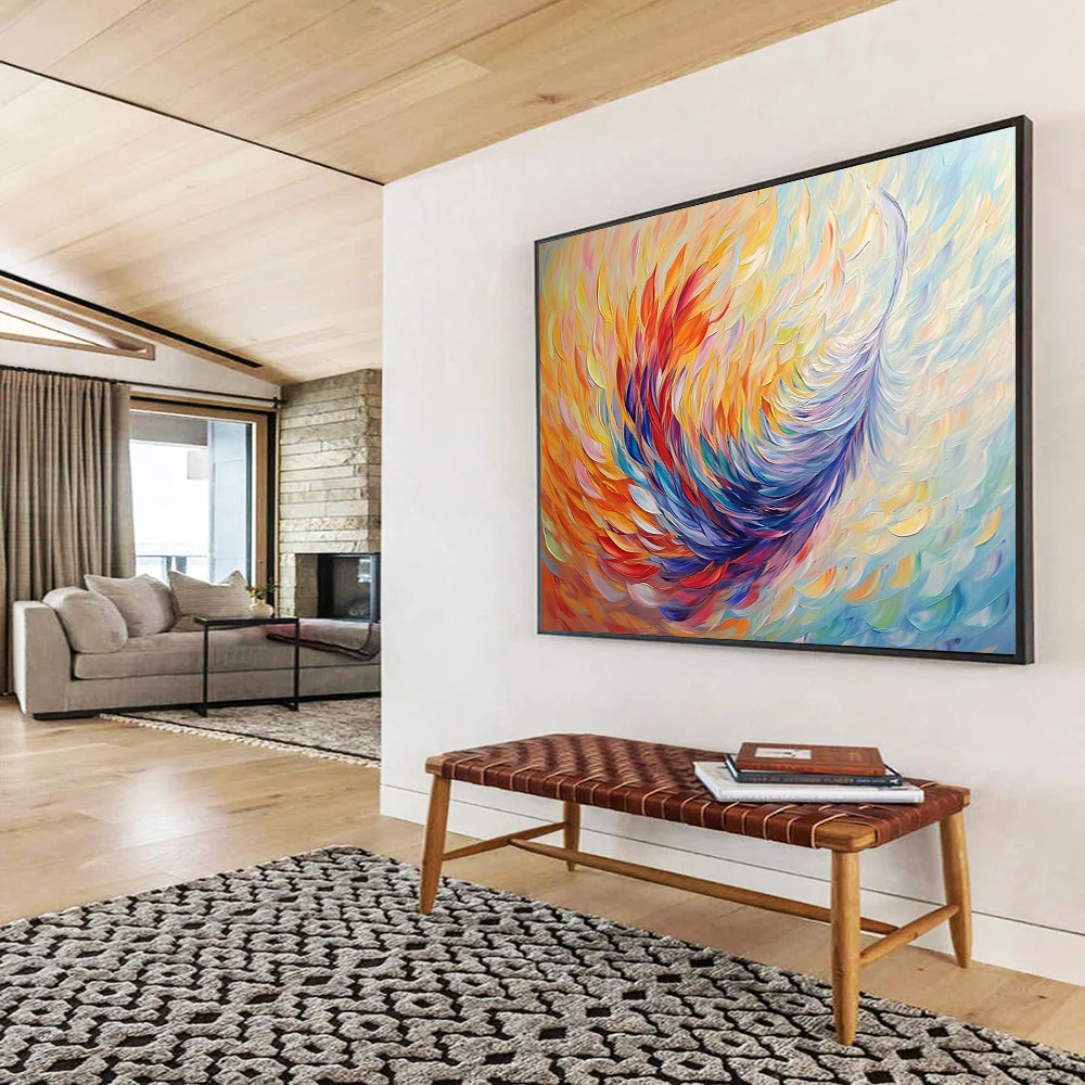 “Colorful Feather - like Abstract” - Yellow, Orange, Red, Blue, Purple with Feather Shapes - Painting On Canvas HB1395