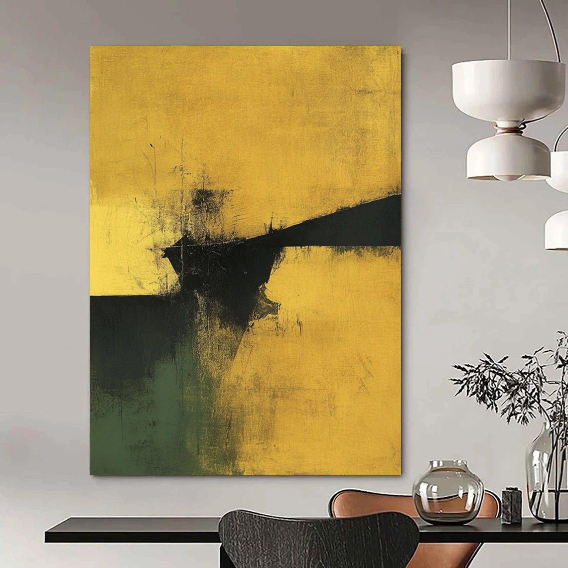 Contemporary abstract art showcasing earthy yellows and greens with touches of black and gold in a minimalist design. DLZ0915