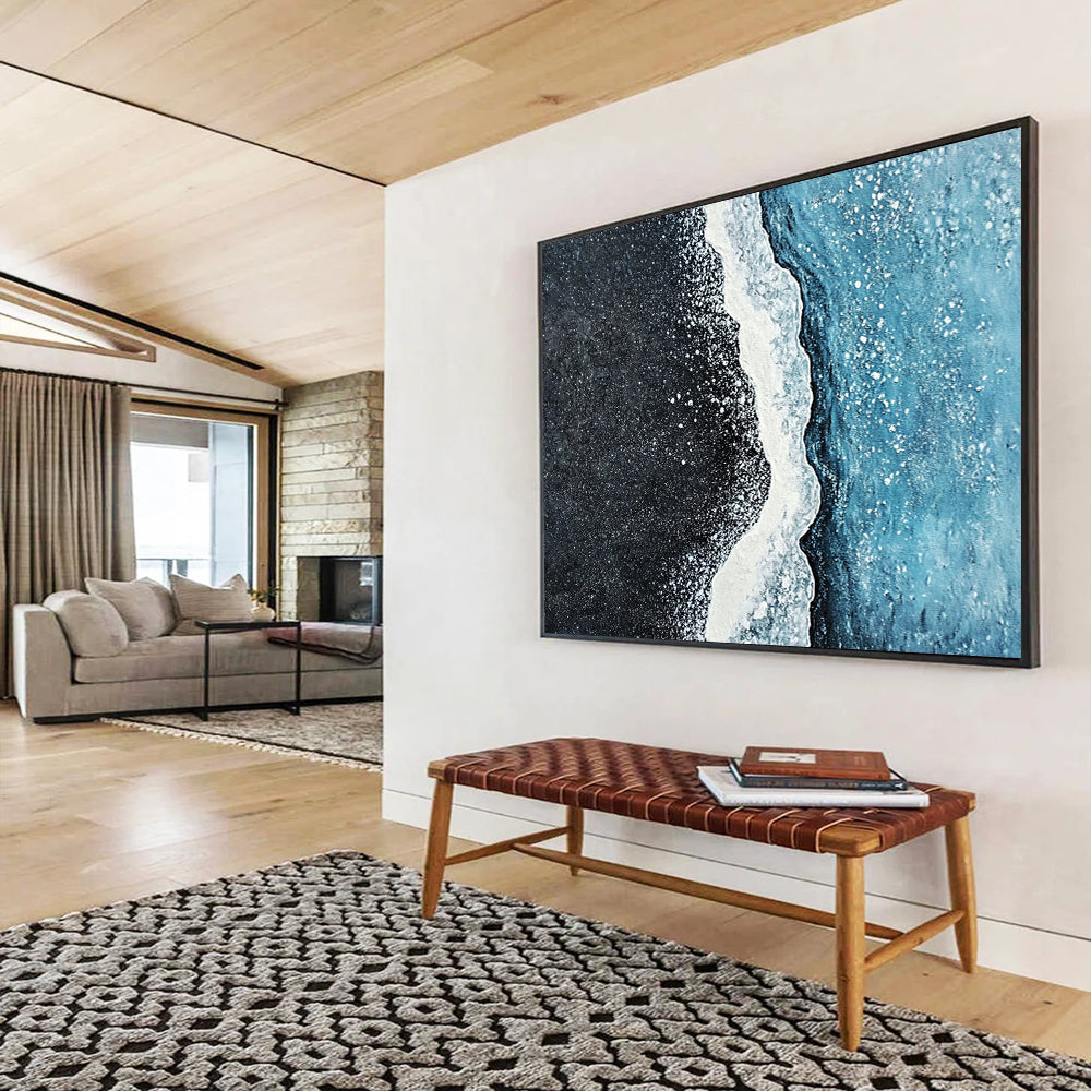 Black Beach with White Foam and Blue Sea - Coastal Abstract Painting On Canvas HB0486