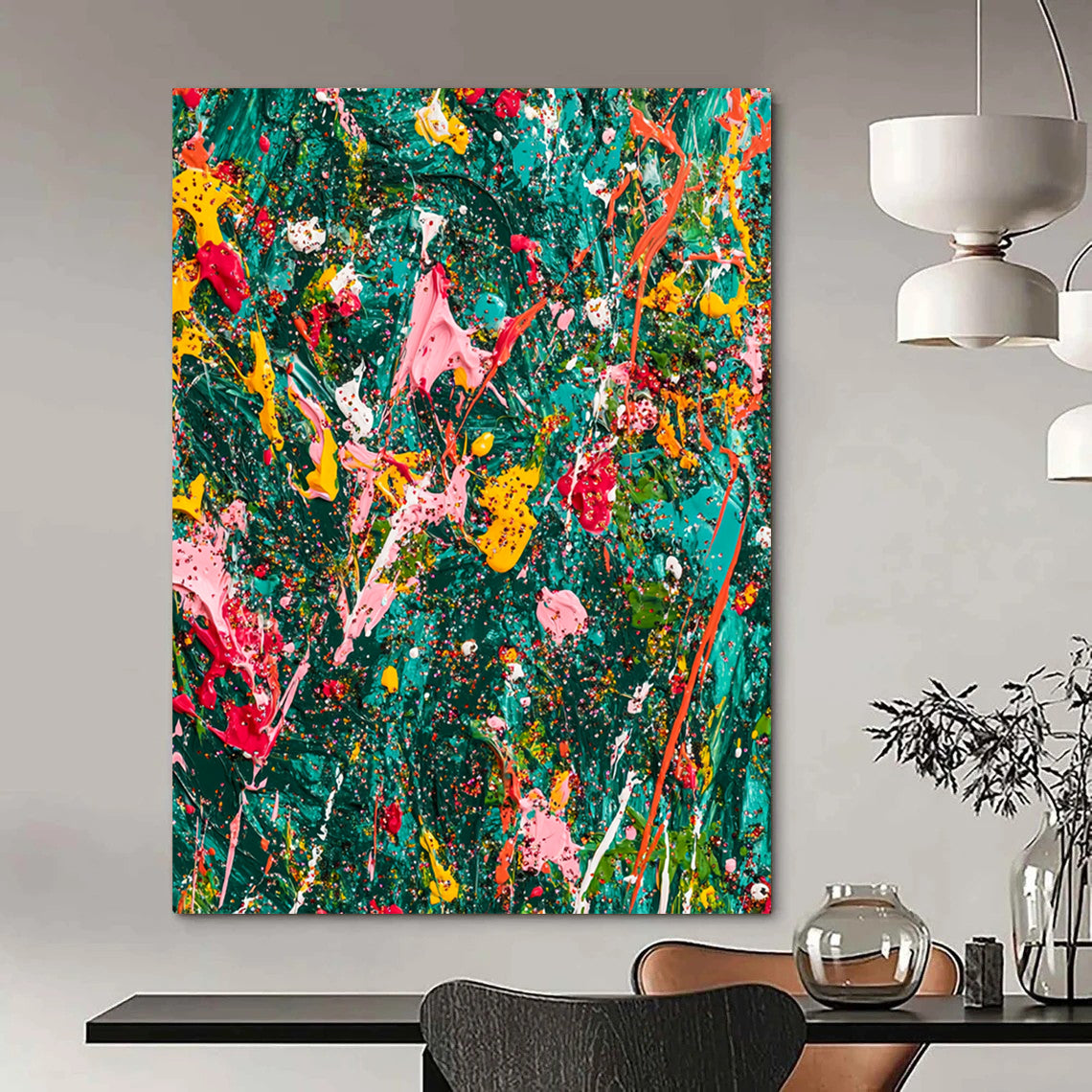 Vibrant abstract expressionist painting on teal canvas showcasing chaotic splattered paint and glitter with rich colors and dynamic brushwork in a jungle-green background. DLZ1178