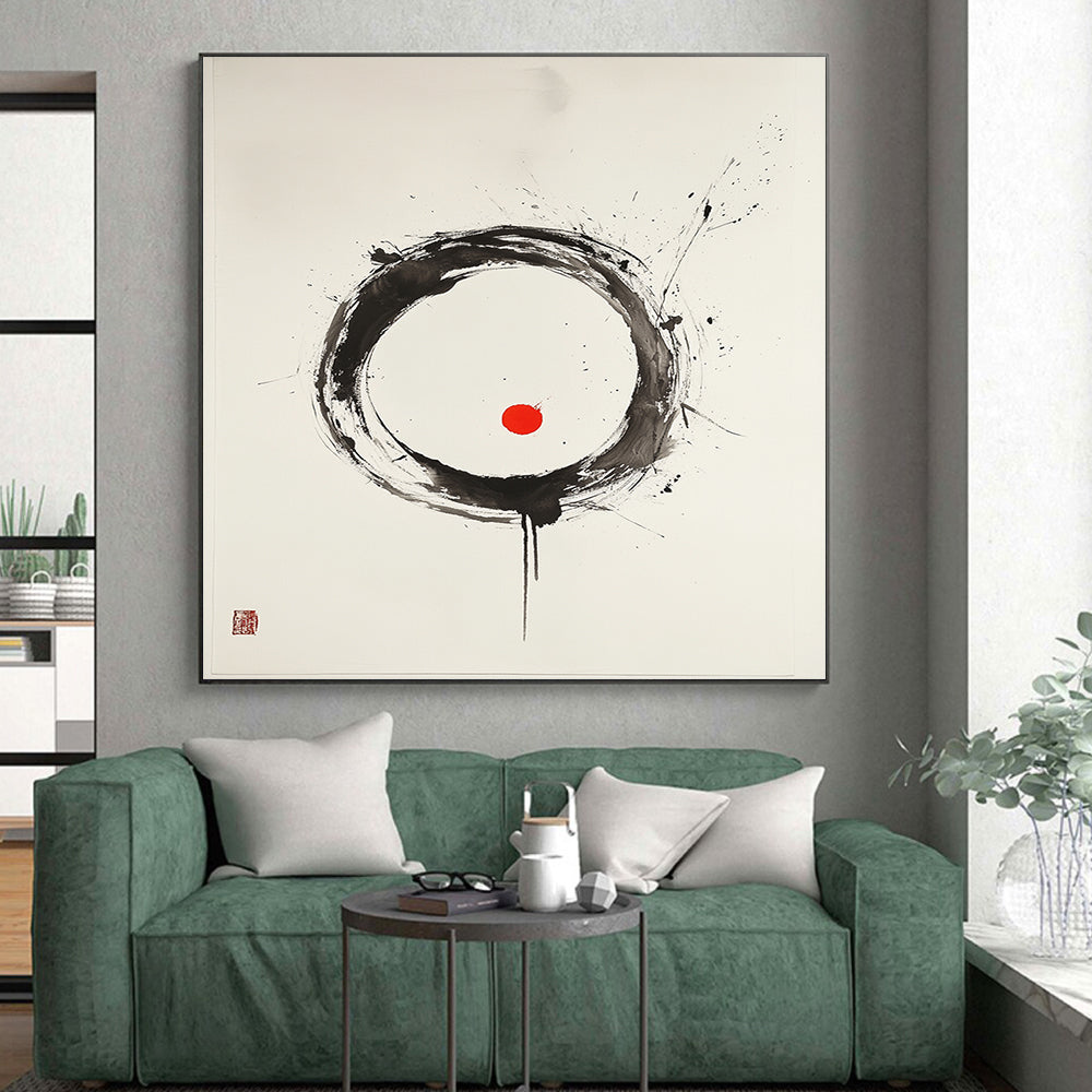 Black, White and Red Circle "Vibrant Harmony" Painting On Canvas HB273