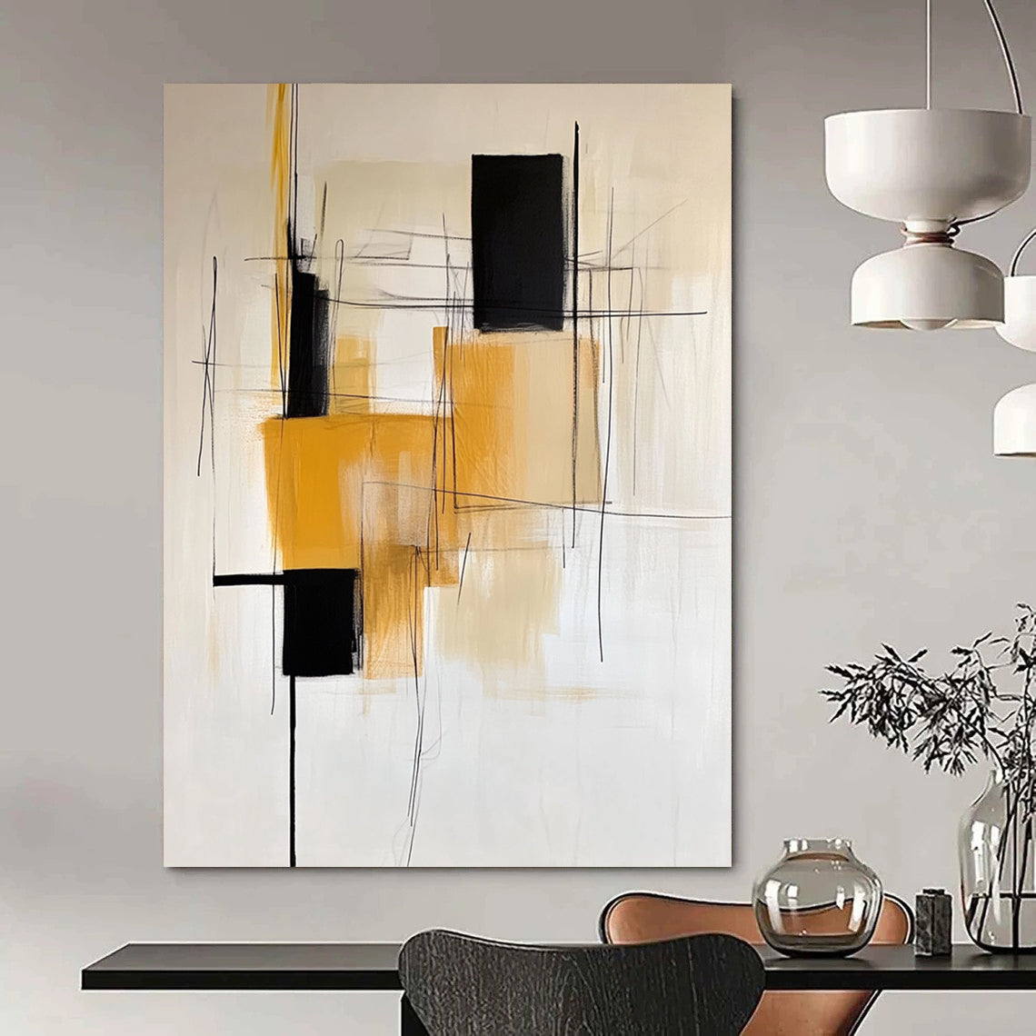 Contemporary abstract painting featuring a white background with minimalistic black yellow orange and beige lines and a single square shape on the left. DLZ1023