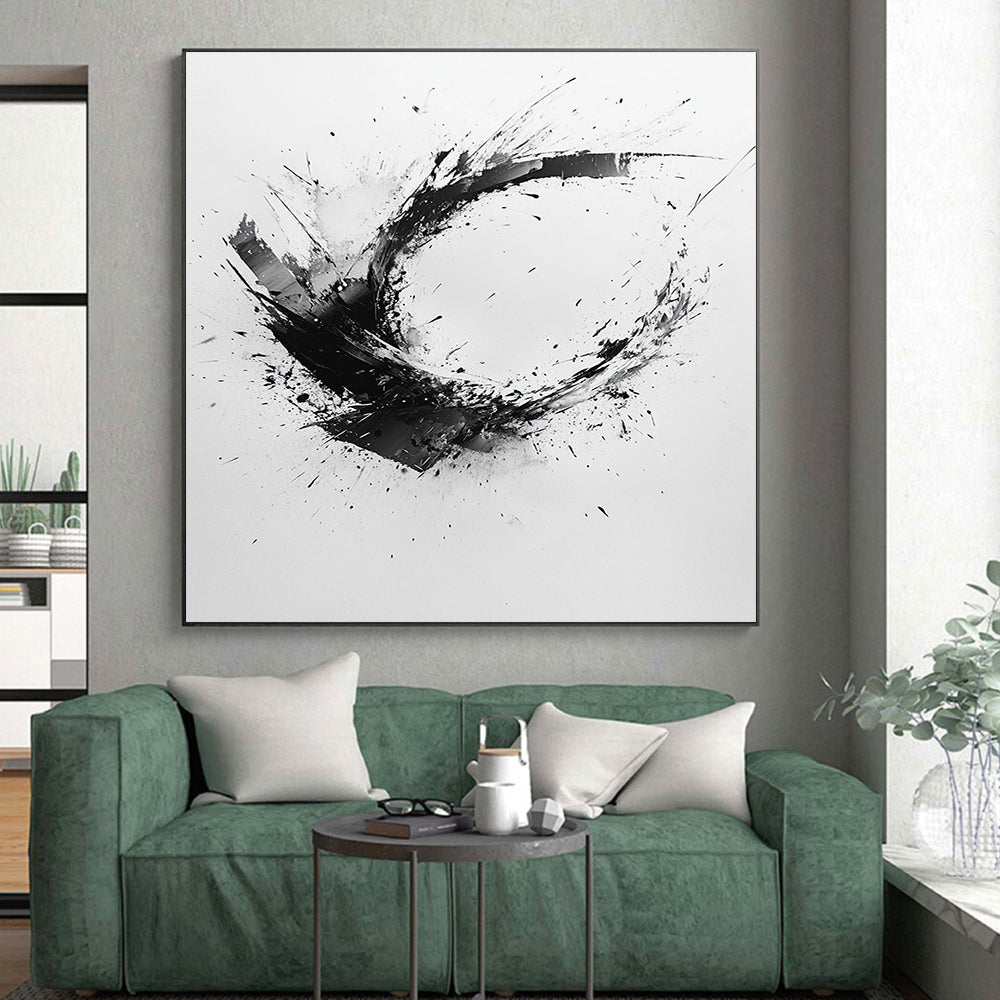 Black and White Splattered Crescent "Energetic Fragment" Painting On Canvas HB267
