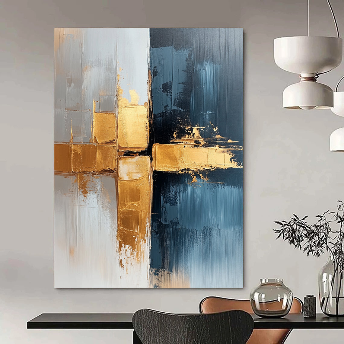 Contemporary hand-painted abstract art featuring a luxurious blend of white and gold tones with gray-blue gradients and striking brushstrokes for a unique visual experience. DLZ0778
