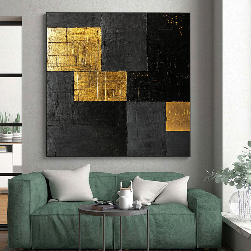 Black, Gold, Patchwork Squares "Gilded Night" Abstract Modernist Painting On Canvas HB155
