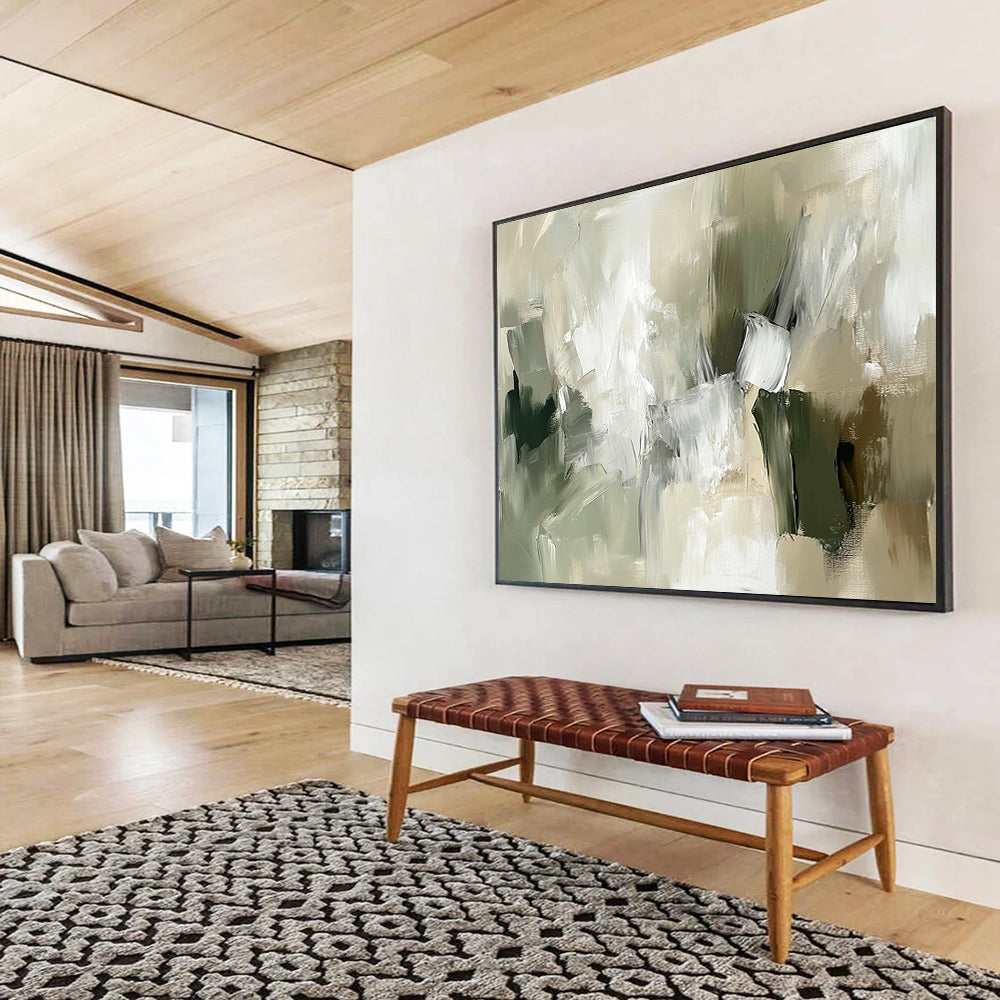 “Green and Beige Abstract Composition” - Green, beige, gray, white; Abstract composition with soft brushstrokes; Acrylic Painting On Canvas HB1265