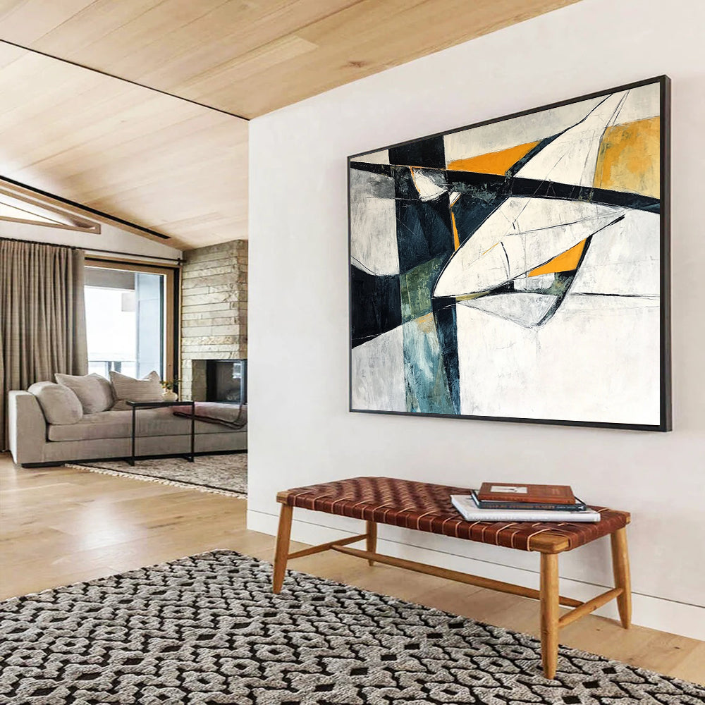 Black, White, Orange, and Teal Abstract - “Dynamic Angles” Painting On Canvas HB1453