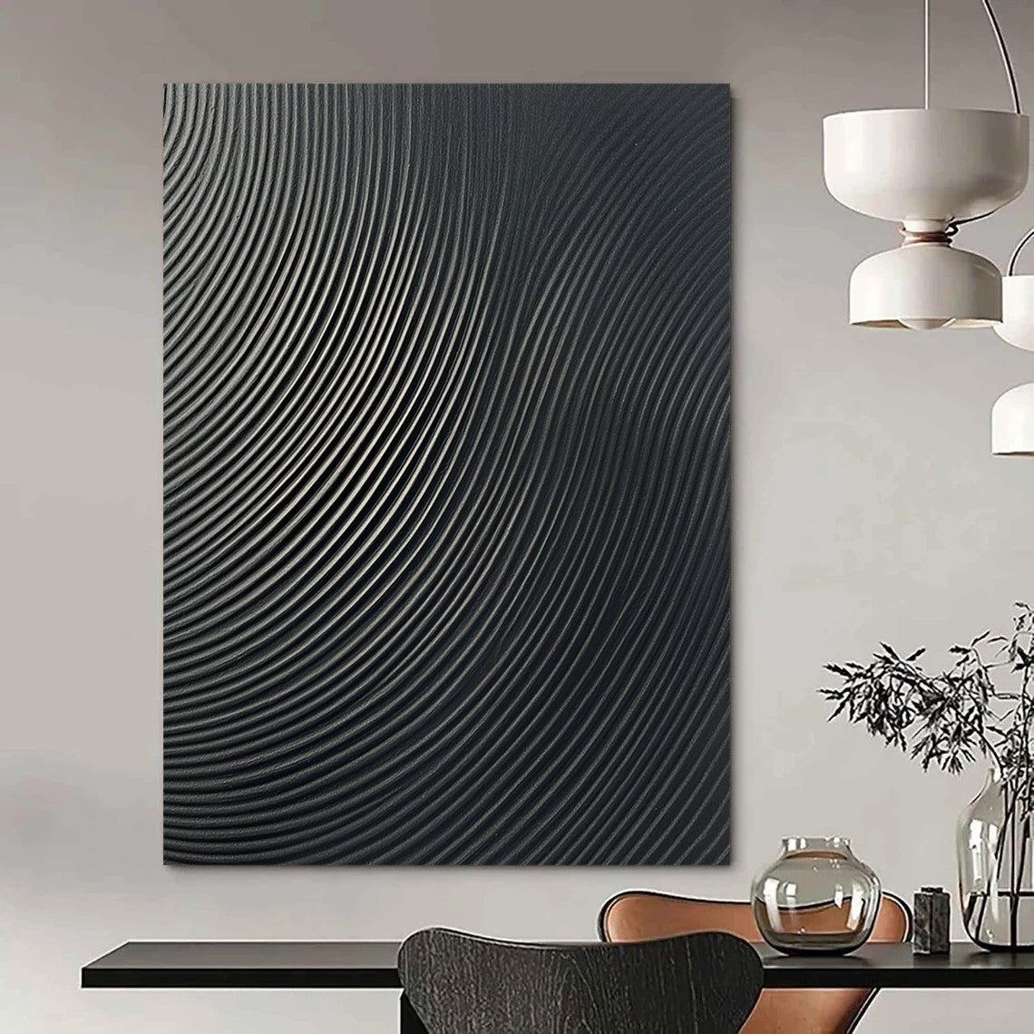 Contemporary abstract wall art features a glossy dark gray surface with sleek vertical lines creating an eye-catching wave pattern for any modern space. DLZ1149