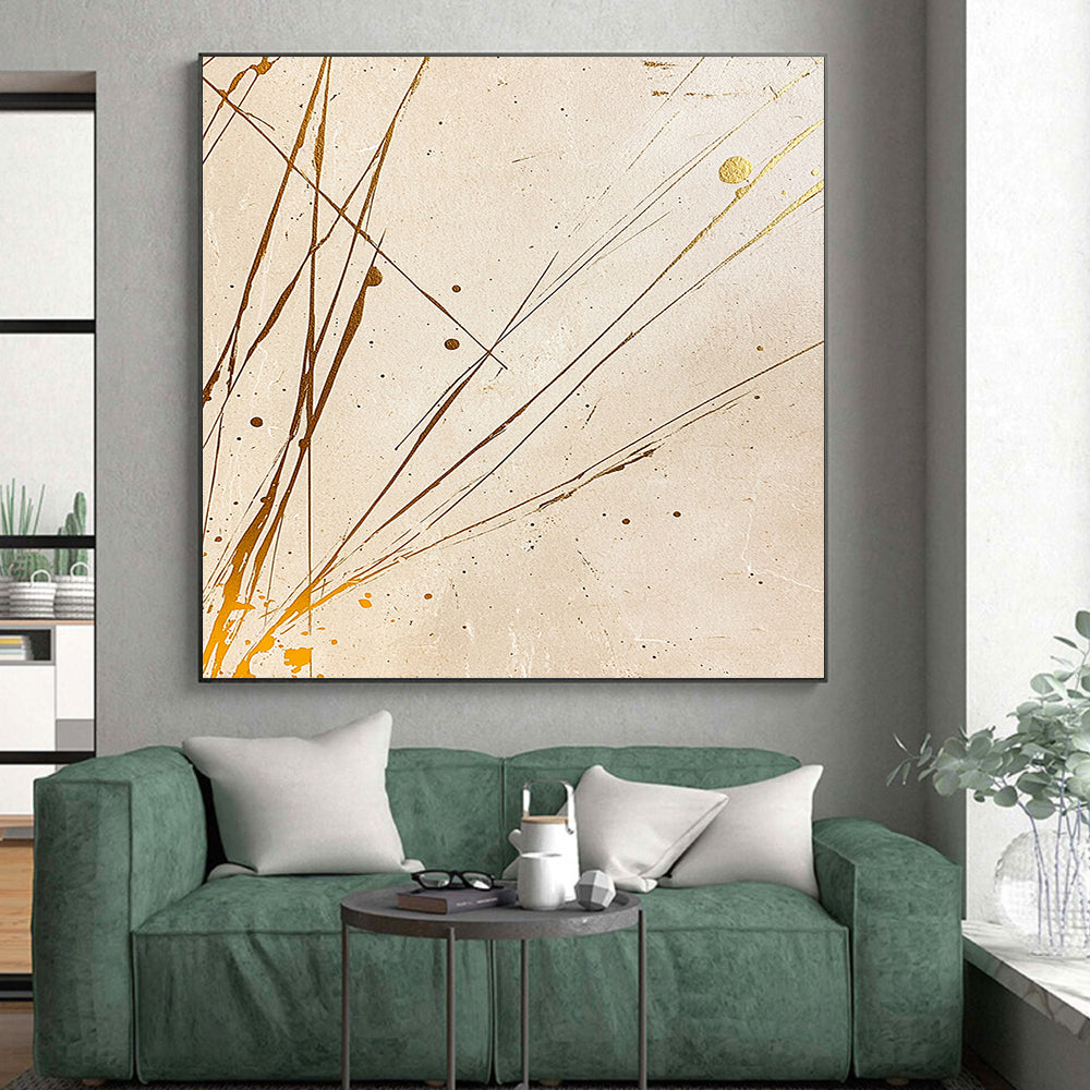 Beige, Gold, Splattered Lines "Earthy Elegance" Abstract Painting On Canvas HB033