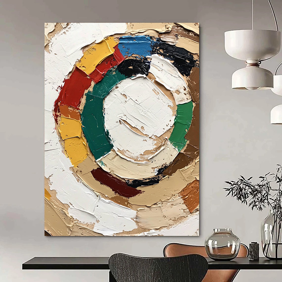 Contemporary abstract painting featuring the Olympic symbol with textured strokes and vibrant accents conveying a joyful expression in neutral colors. DLZ0654