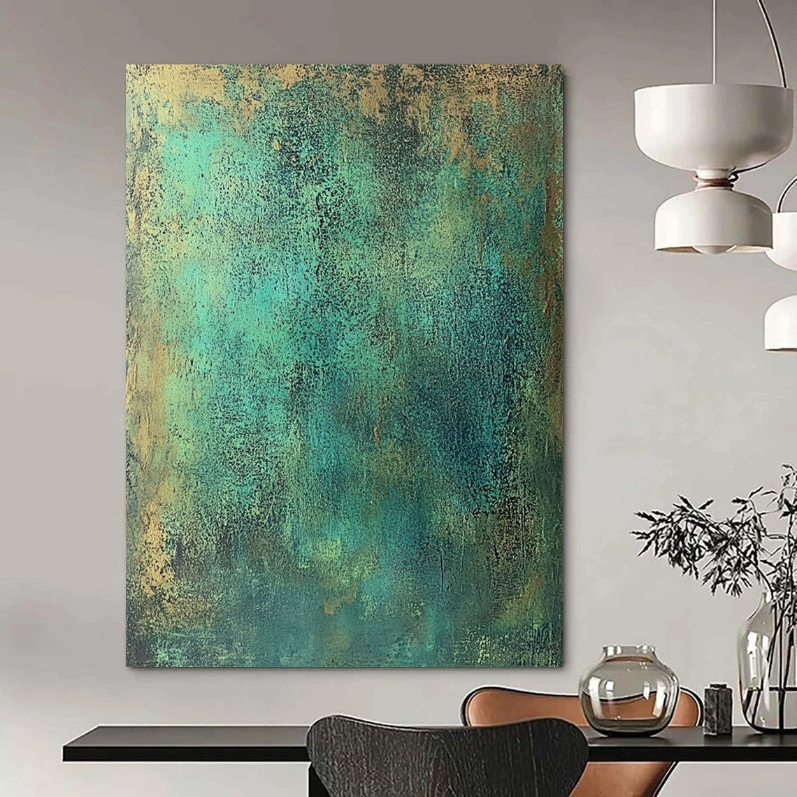 Large contemporary abstract painting featuring textured green metal tones with blue-green and brown speckles evoking strength and history reminiscent of ancient copper armor. DLZ1164