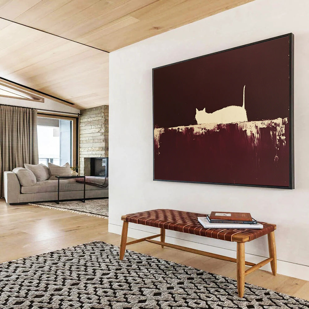 “Silhouette Cat in Brown” - Brown, White, Minimalist Cat Silhouette Painting On Canvas HB0956