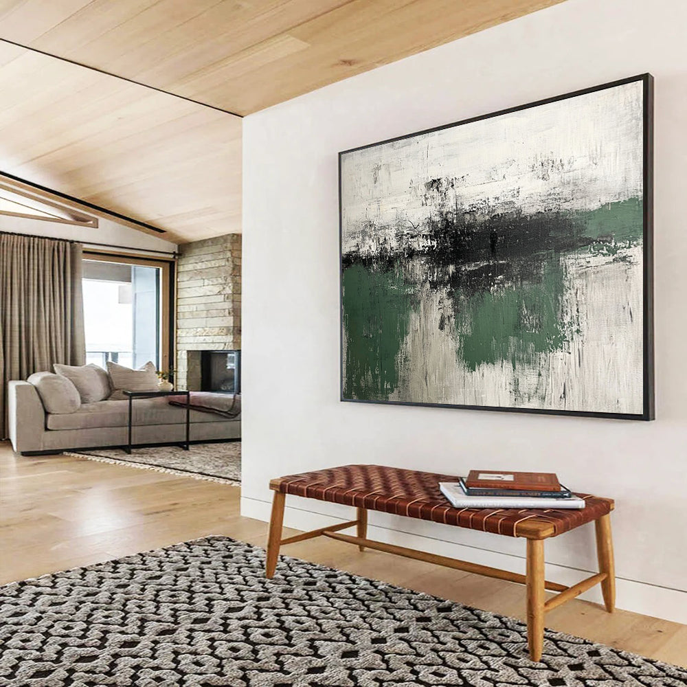 “Green - Gray Textures” - Green, Gray, White, Abstract Textured Landscape Painting On Canvas HB1065