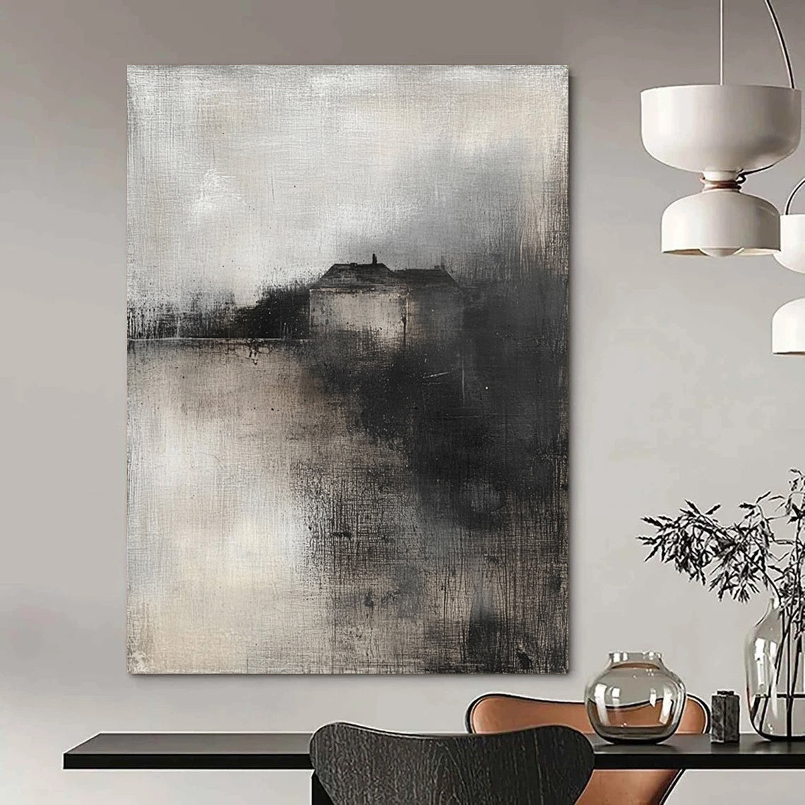 Contemporary abstract painting featuring a soft misty landscape with neutral tones and a small village on the horizon. DLZ0389
