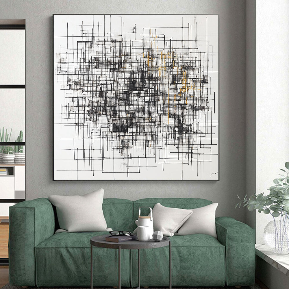 Black, White, Gray, Gold, Grid of Lines "Gilded Matrix" Abstract Minimalist Painting On Canvas HB125