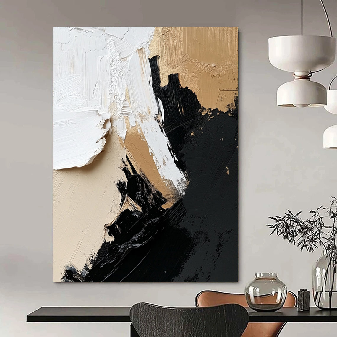 Large contemporary hand-painted abstract artwork featuring dynamic black, white, and beige textures for a striking wall display. DLZ0322