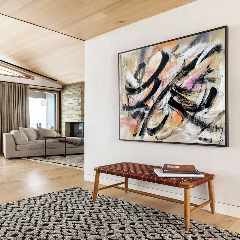 “Colorful Abstract Swirls” - Black, White, Orange, Pink, Purple, Fluid Brushstrokes - Acrylic Painting HB1628