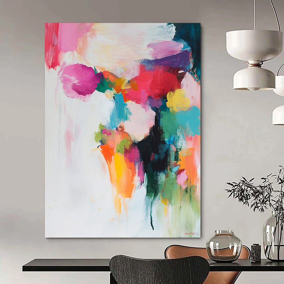 Contemporary abstract painting features soft colors in brush strokes and shapes on a white background with pinks reds greens yellows and blues. DLZ0687
