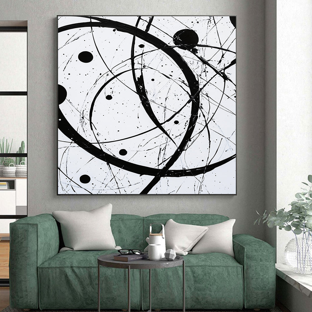 Black, White, Intertwined Circles "Monochrome Orbits" Abstract Modernist Painting On Canvas HB102