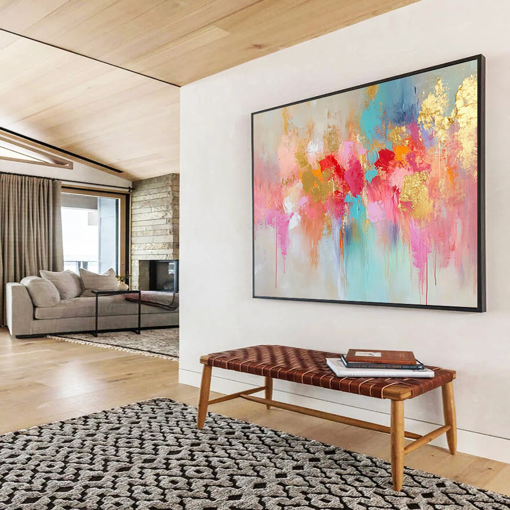 “Pink Gold Blue Abstract Drips” - Pink, gold, blue, beige; Abstract drips with gold highlights HB1290