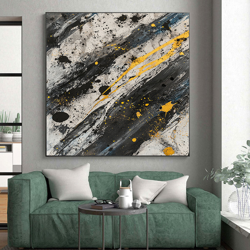 Black, White, Gray and Gold Splatter "Gilded Chaos" Painting On Canvas HB305