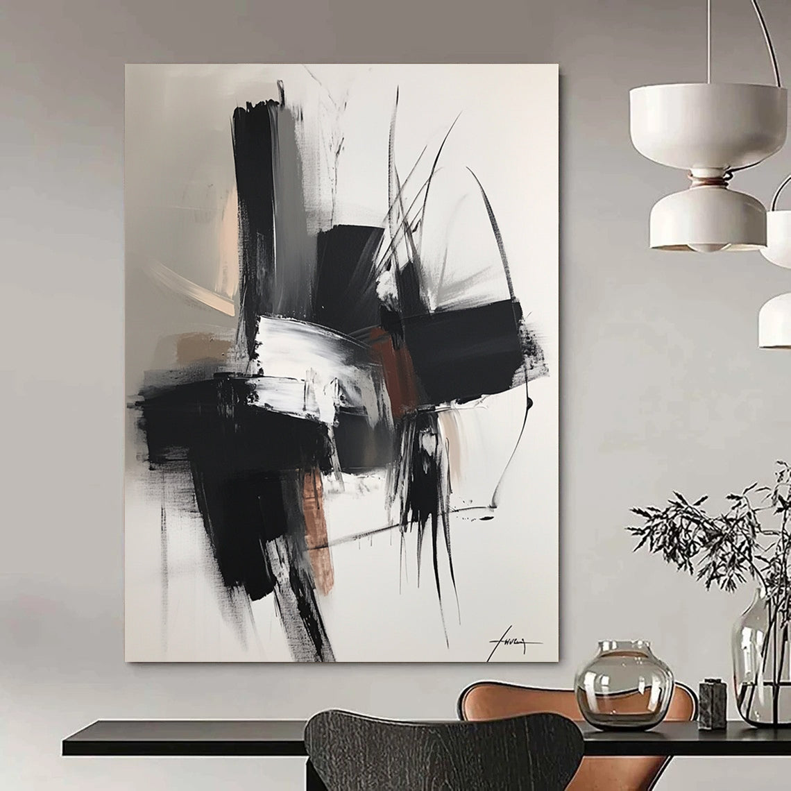 Large contemporary hand-painted abstract artwork featuring dark gray and light bronze shapes with soft edges and subtle textures in neutral tones. DLZ0314