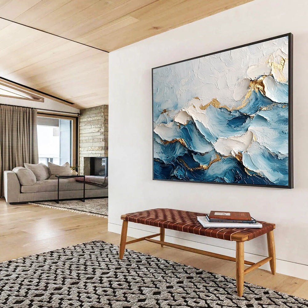 “Golden - Edged Blue Waves” - Blue, White, Gold, Textured Wave - like Abstract Painting On Canvas HB0976