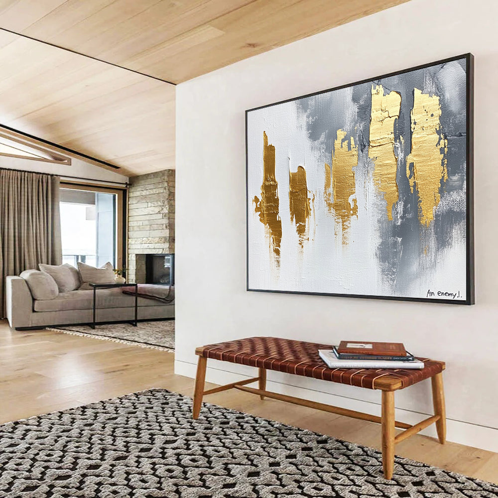 “Gray - Gold Strokes” - White, Gray, Gold with Bold Strokes - Abstract Acrylic Painting HB1339