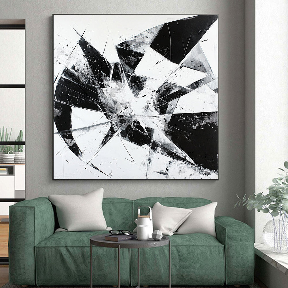 Black and White Geometric Shards "Broken Order" Painting On Canvas HB268