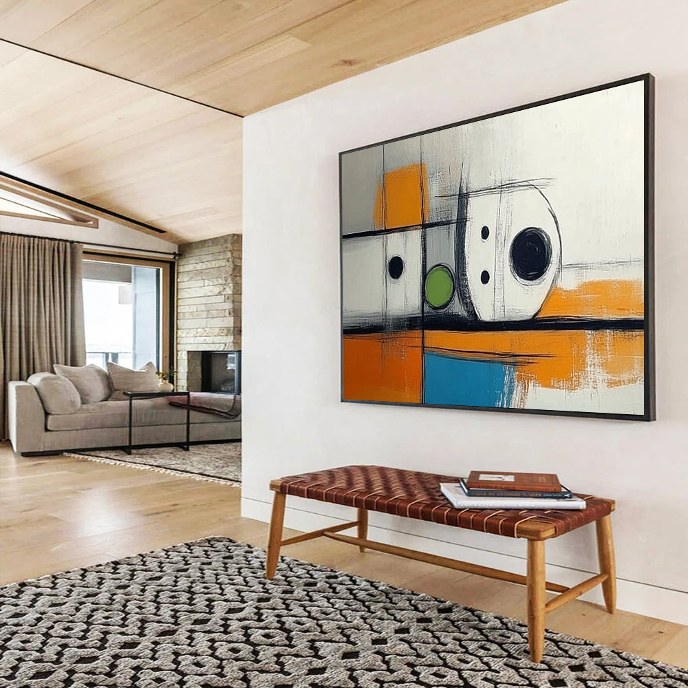 Black, White, Orange, Green and Blue Geometric Abstract "Minimalist Machinery" Painting On Canvas HB0416
