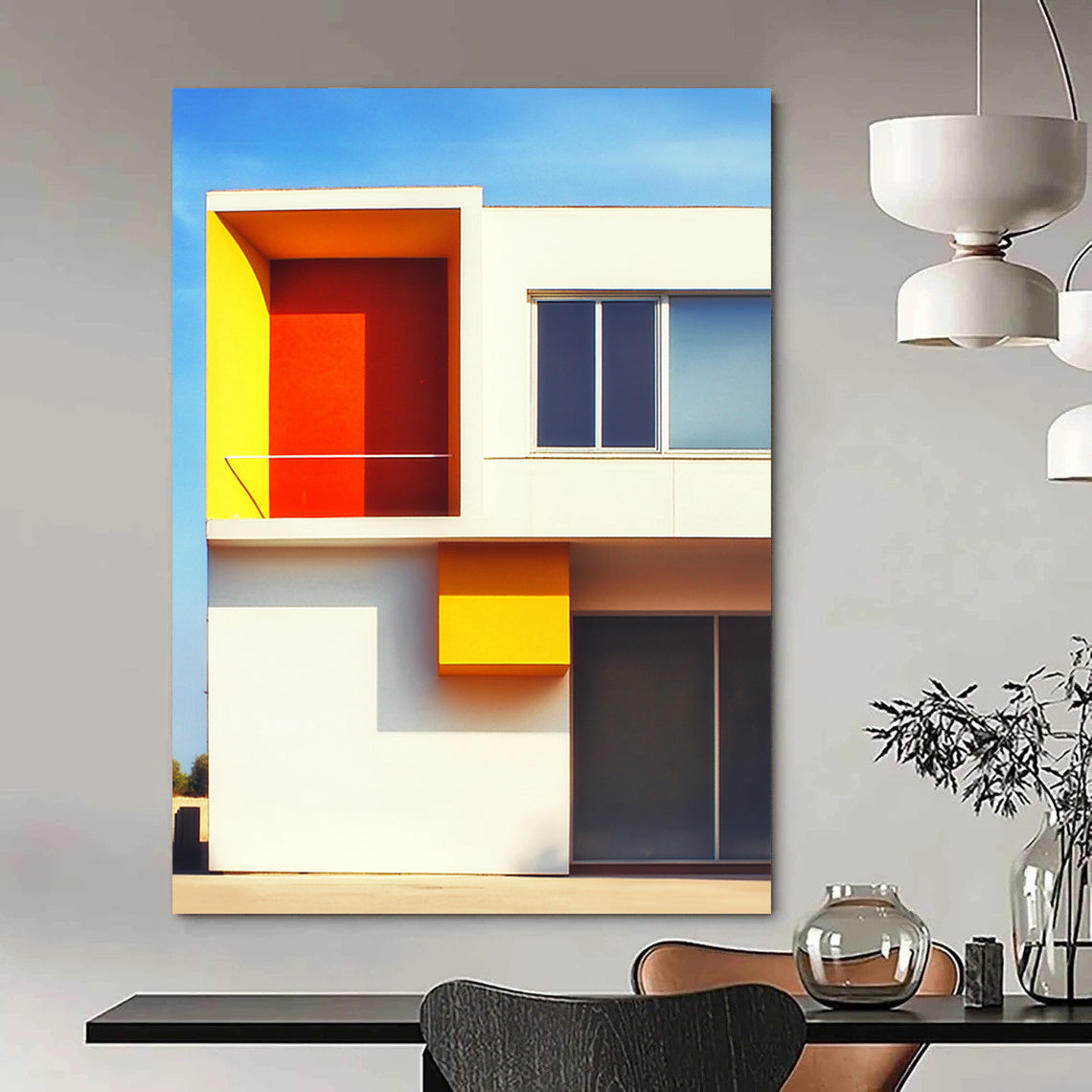 Contemporary abstract art featuring a minimalist white structure with vivid orange and yellow accents set against a clear blue sky background. DLZ1640