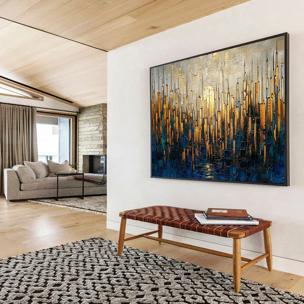 Golden Cityscape with Moon - Oversized Modern Office Art DLZ172
