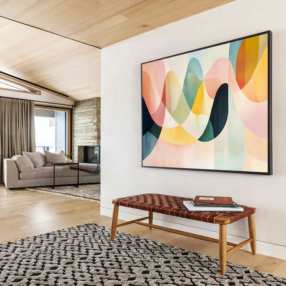 “Colorful Wavy Shapes” - Pastel pink, green, yellow, Abstract Geometric Painting HB0629