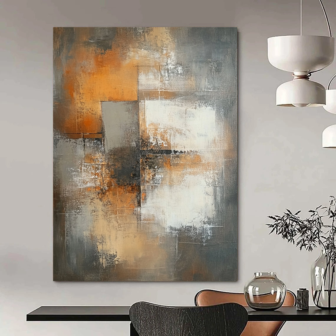 Large contemporary hand-painted abstract artwork featuring faded brown tones, white squares, and a central cross amidst an urban backdrop with expressive brush strokes. DLZ0515