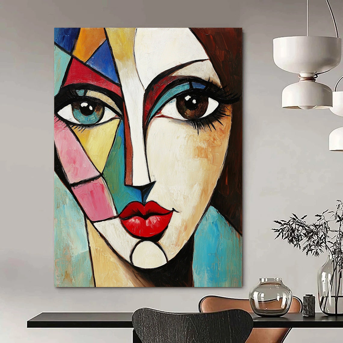Contemporary abstract painting featuring a woman's face with large eyes vibrant geometric shapes red lips and brown hair on a square canvas. DLZ0376