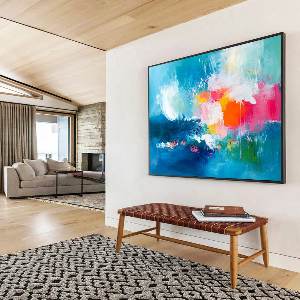 “Colorful Blue - Based Abstract” - Blue, Pink, Orange, Green with Splashes - Painting On Canvas HB1378