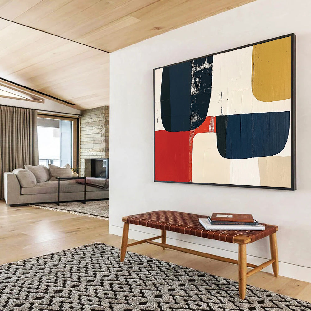 “Colorful Geometric Blocks” - Navy, red, beige, mustard, Abstract Geometric Painting HB0617