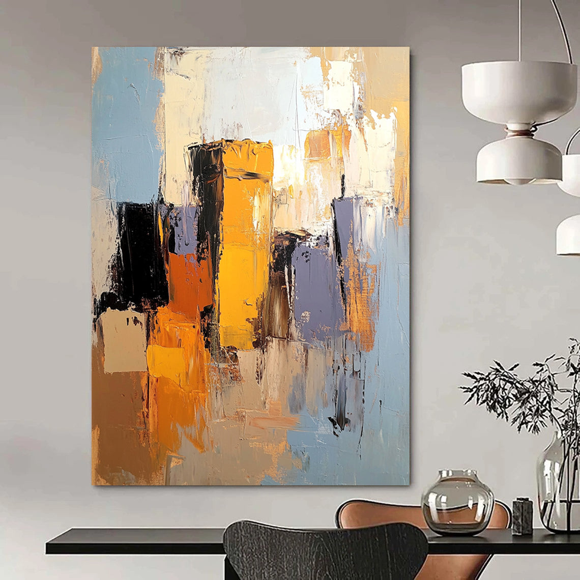 Contemporary abstract artwork showcasing the Alhambra in light blue, mustard yellow, and burnt sienna with gray and brown accents. DLZ0894