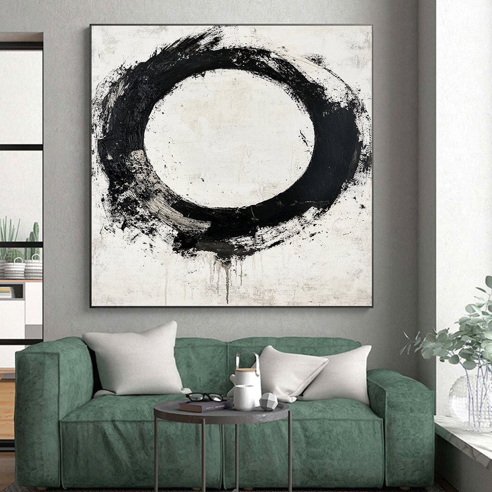Black Circular Brushstroke with Gray Background - “Earthy Enso” Painting On Canvas HB241