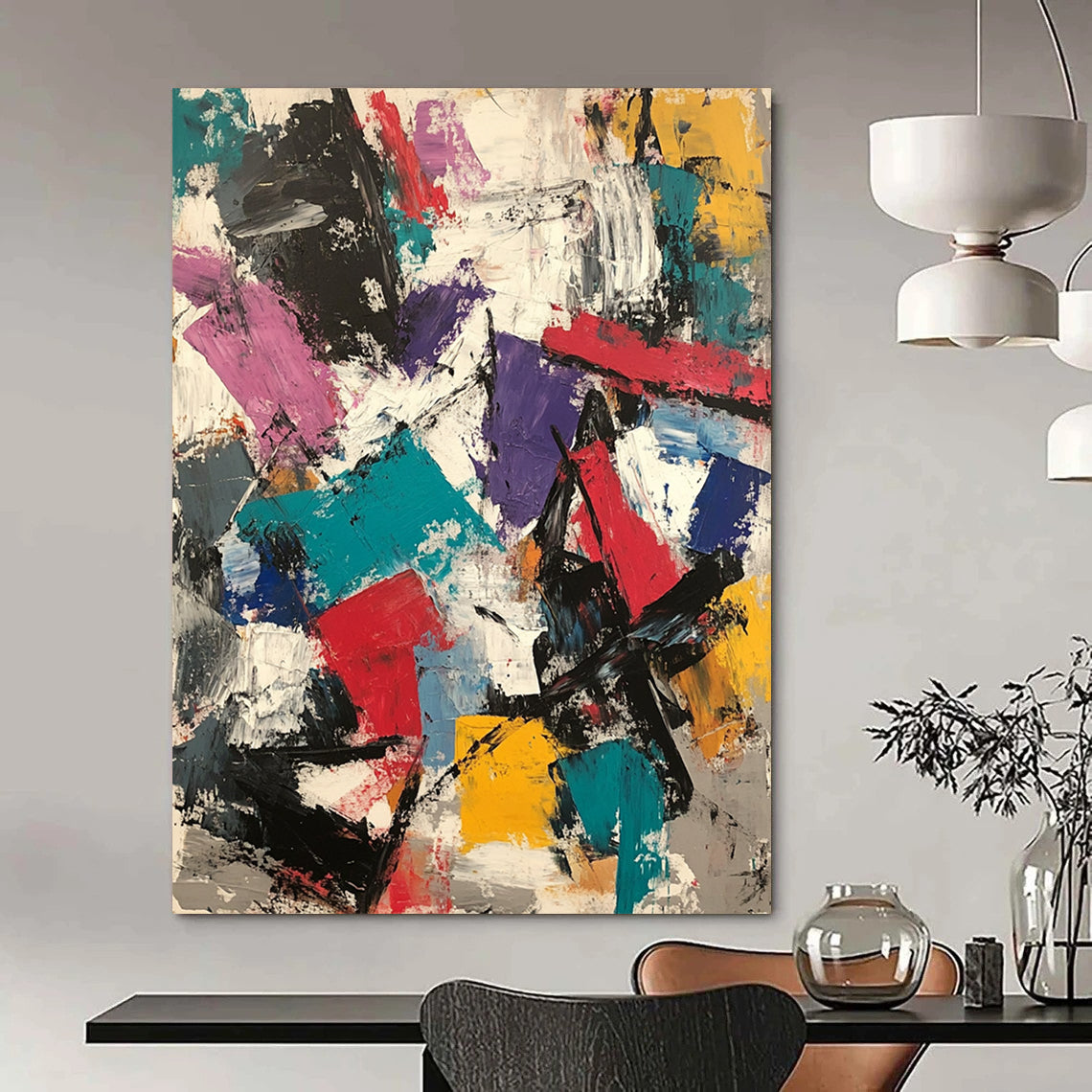Contemporary hand-painted abstract artwork featuring thick brush strokes, vibrant colors, and layered textures in a dynamic composition. DLZ0930