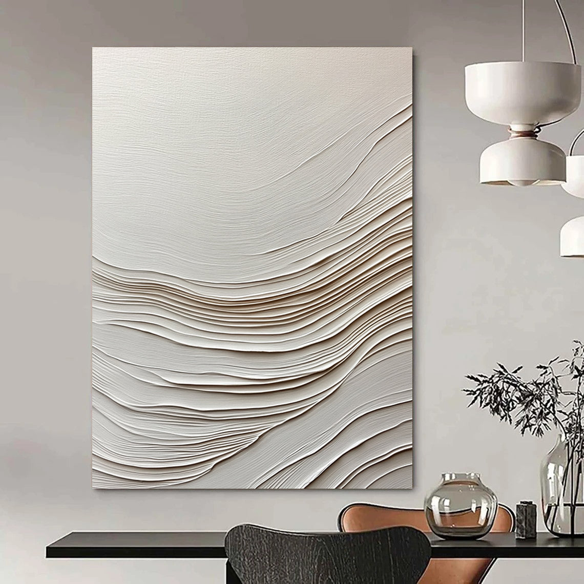 Contemporary hand-painted abstract artwork features smooth white paper with gentle wave-like lines, creating a serene and elegant visual experience. DLZ1233