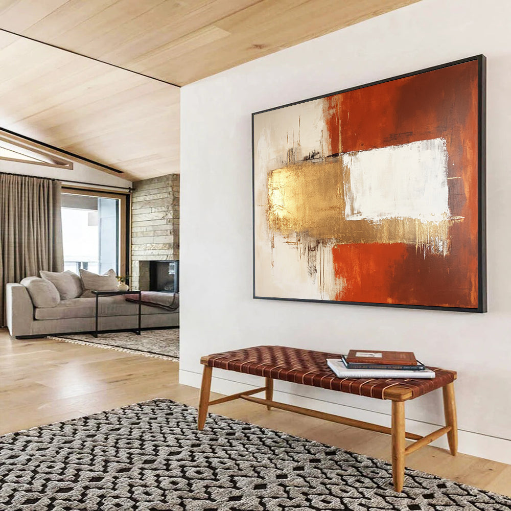 “Elegant Geometric Fusion in Orange, Gold, and White” - Orange, gold, white; Abstract geometric blocks; Acrylic Painting On Canvas HB1226